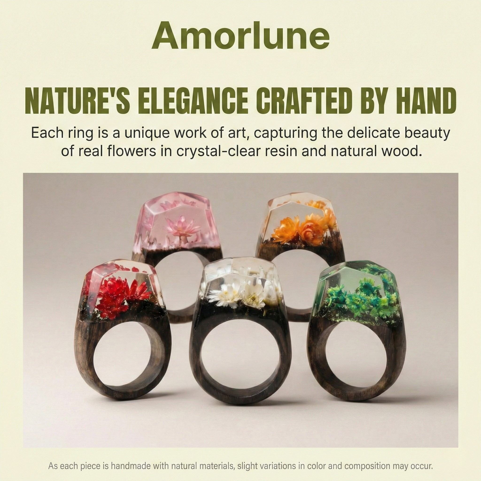 Holzring mit Harz & Blumenmotiv