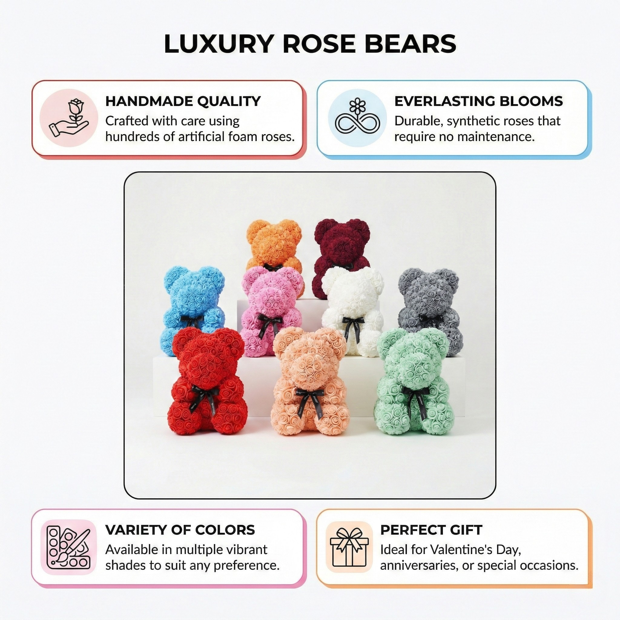 Romantisk rosenbjørn – 40 cm af kunstige roser