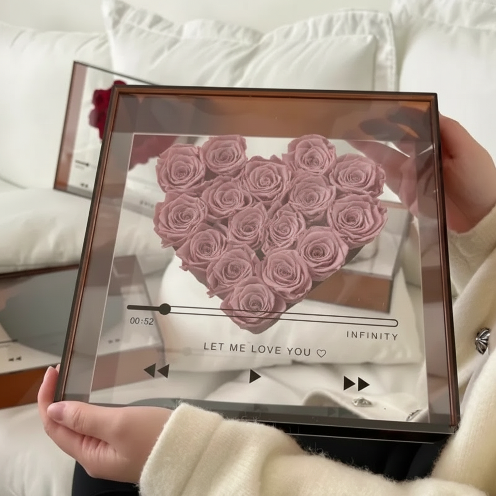Acryl Herz mit ewigen Rosen und personalisierbarer Love CD von Amorlune, perfekt für romantische Geschenke.