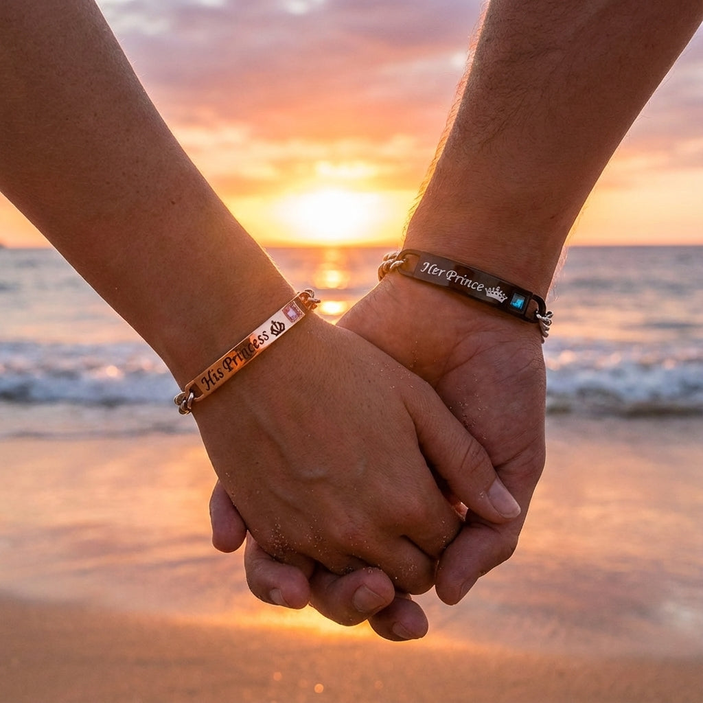 Couple armband set "Royal Bond" by Amorlune featuring matching bracelets with elegant design and intricate details.