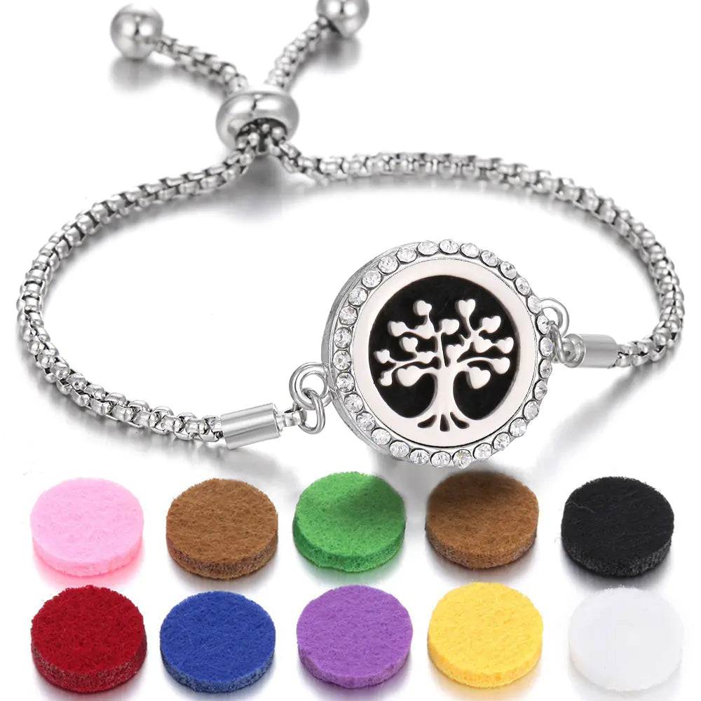 Verstellbares Amorlune Diffusor-Armband in Silber mit funkelnden Strasssteinen für aromatische Öle.