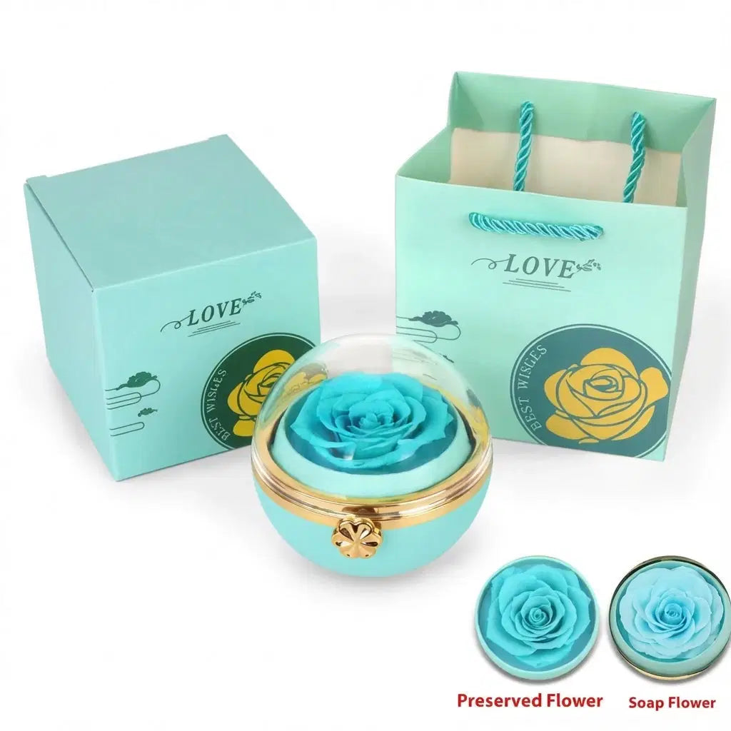 Amorlune Eternal Bloom rotierende Schmuckbox mit ewiger Rose in roter Farbe, dekoratives Aufbewahrungsstück für Schmuck.