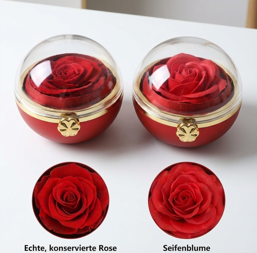 Eternal Bloom rotating jewelry box by Amorlune featuring a preserved rose and elegant design.