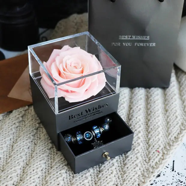 Amorlune Ewige Blumen Schmuckbox Geschenkset featuring vibrant preserved flowers and elegant jewelry storage design.
