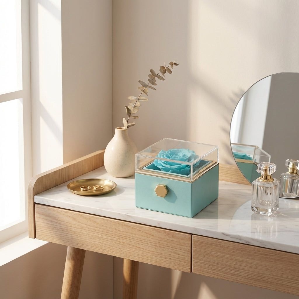 Ewige Kunstrosen Geschenkbox Classic by Amorlune with a delicate chain and elegant rose box displayed together.