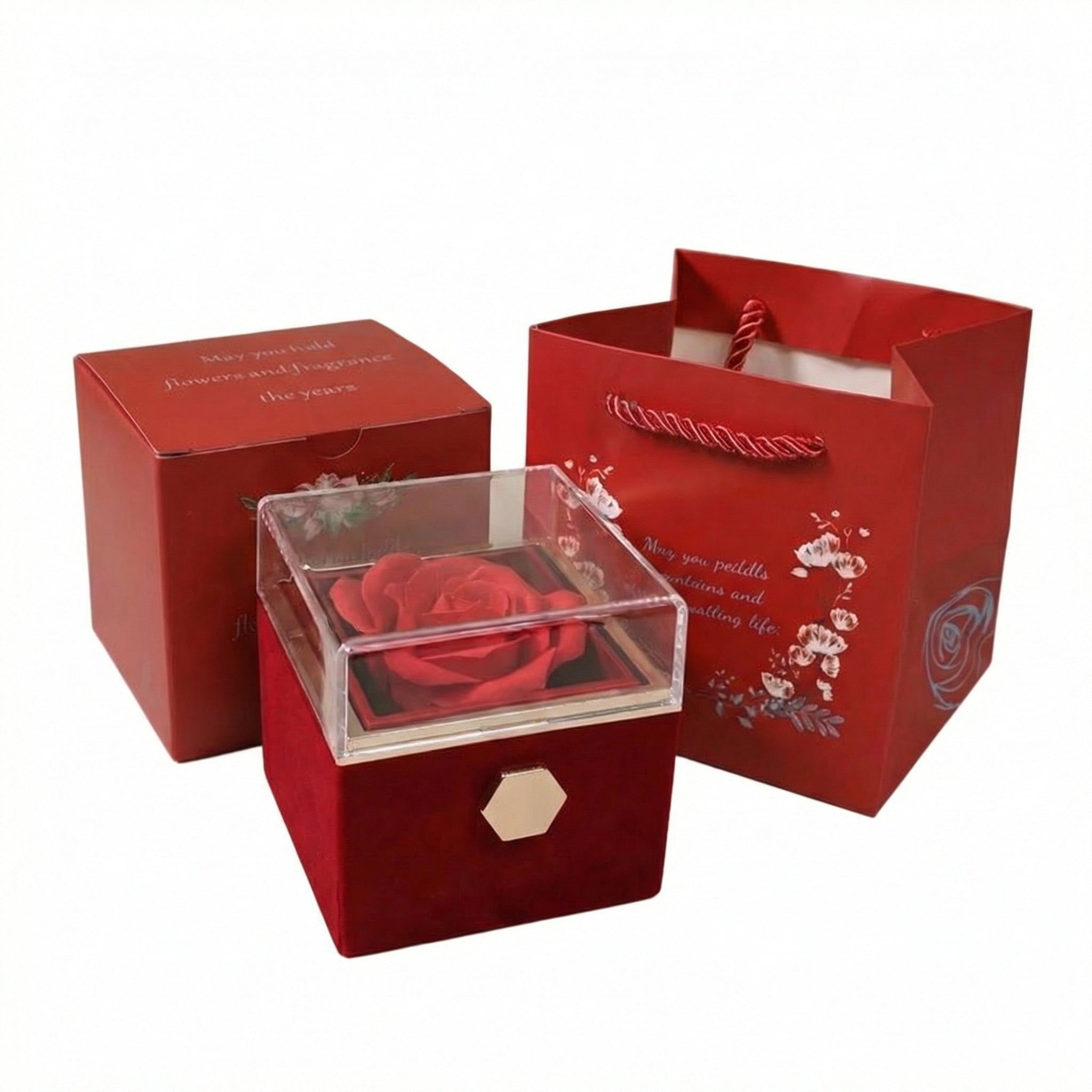 Amorlune ewige Kunstrosen Geschenkbox Classic with necklace and rose box, elegantly arranged for gifting.