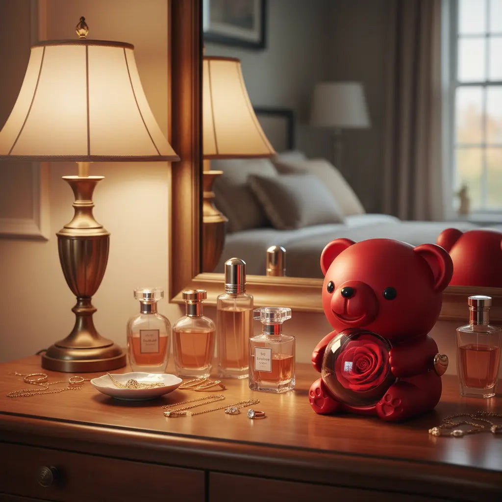 Amorlune Ewiger Rosen-Teddybär Geschenkset featuring a plush teddy bear surrounded by preserved roses.