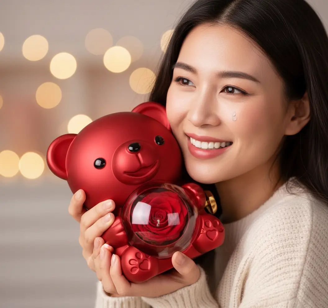 Ewiger Rosen-Teddybär Geschenkset by Amorlune featuring a plush teddy bear and preserved roses in a decorative box.