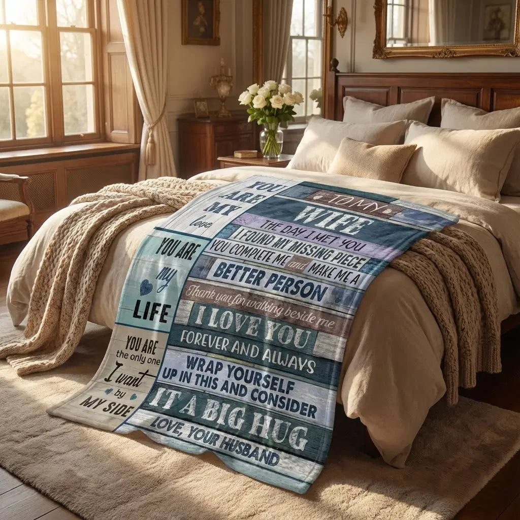 Amorlune flanell Kuscheldecke mit "Für meine Frau" Aufdruck, ideal für gemütliche Abende und Jahrestagsgeschenke.