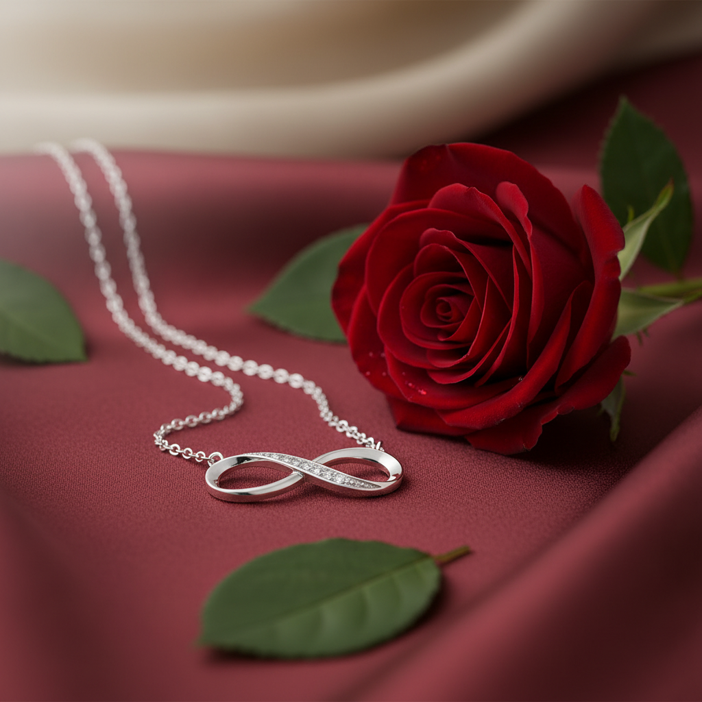 Infinity necklace made of 925 sterling silver by Amorlune, featuring a delicate design and polished finish.