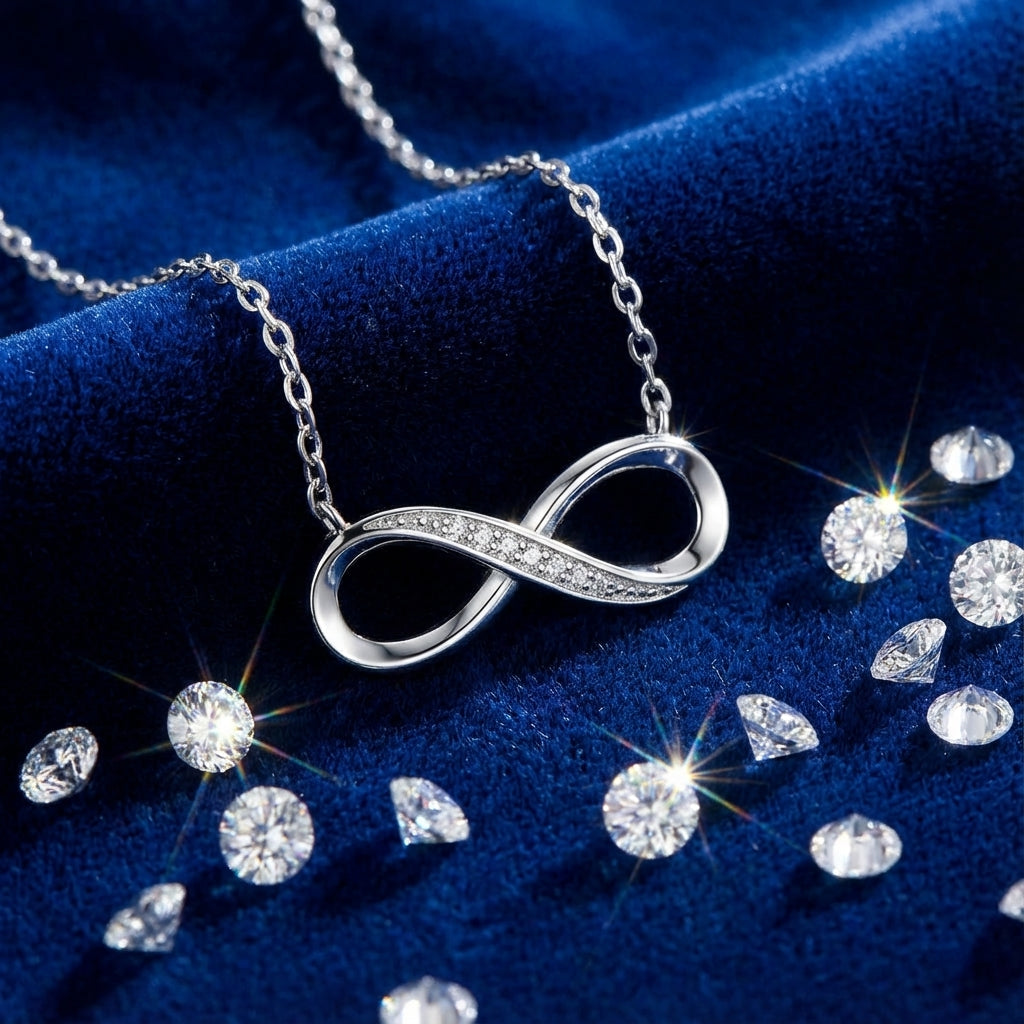 Amorlune 925 sterling silver infinity necklace showcasing a sleek, elegant design with a polished finish.
