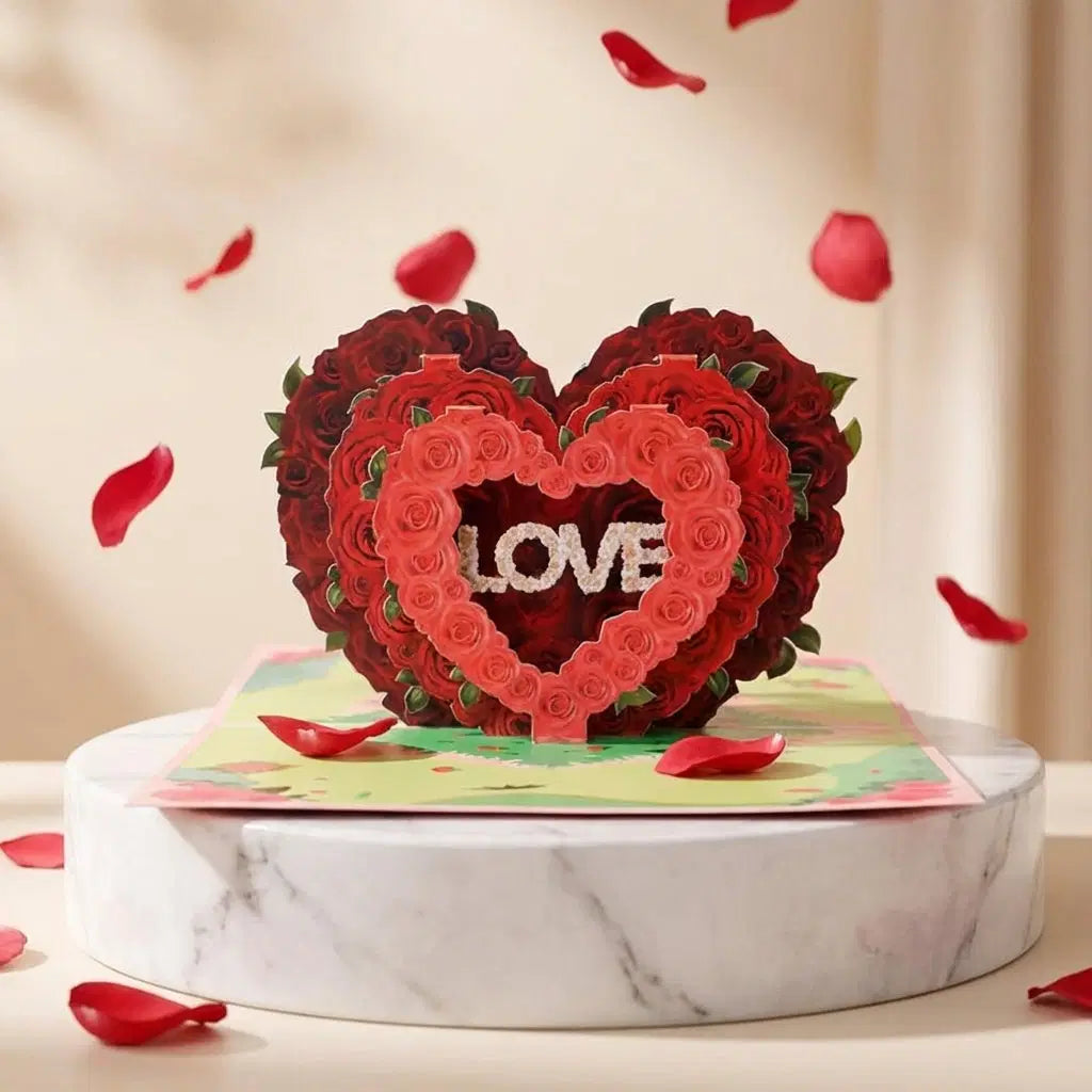 Pop-up love card for Valentine's Day and anniversaries by Amorlune, featuring intricate 3D heart design.