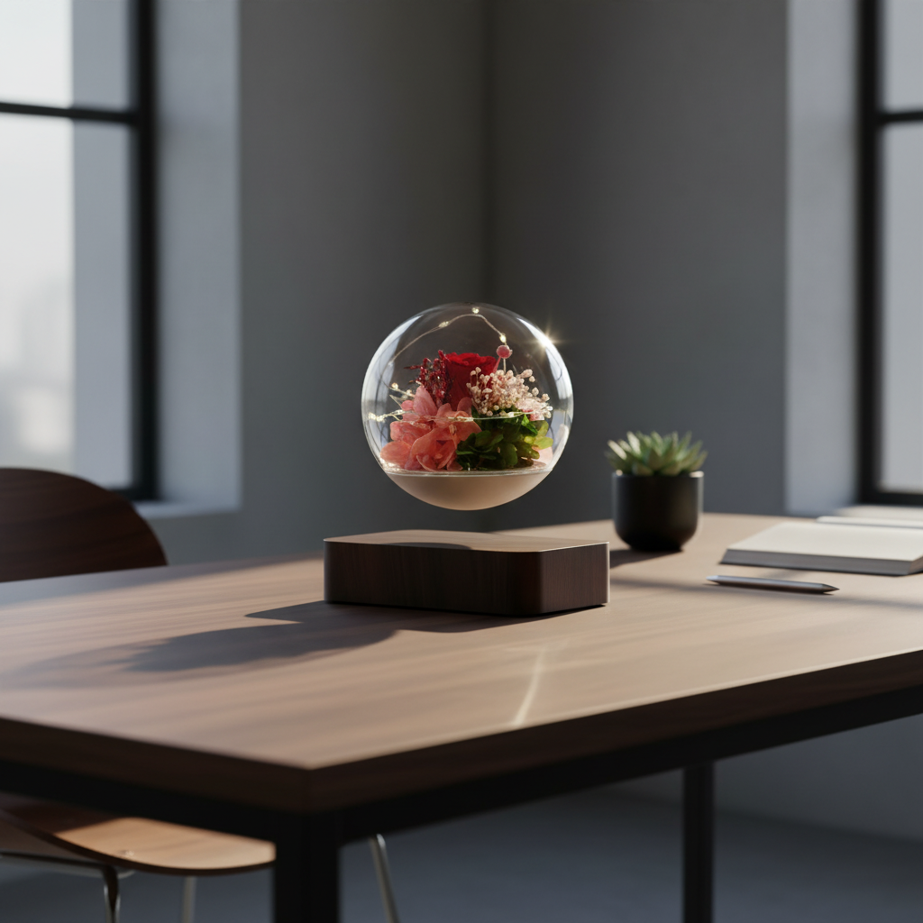 Magnetisch schwebende Rosenkugel von Amorlune, elegant schwebend mit rosa Rosen in einem transparenten Glasdesign.