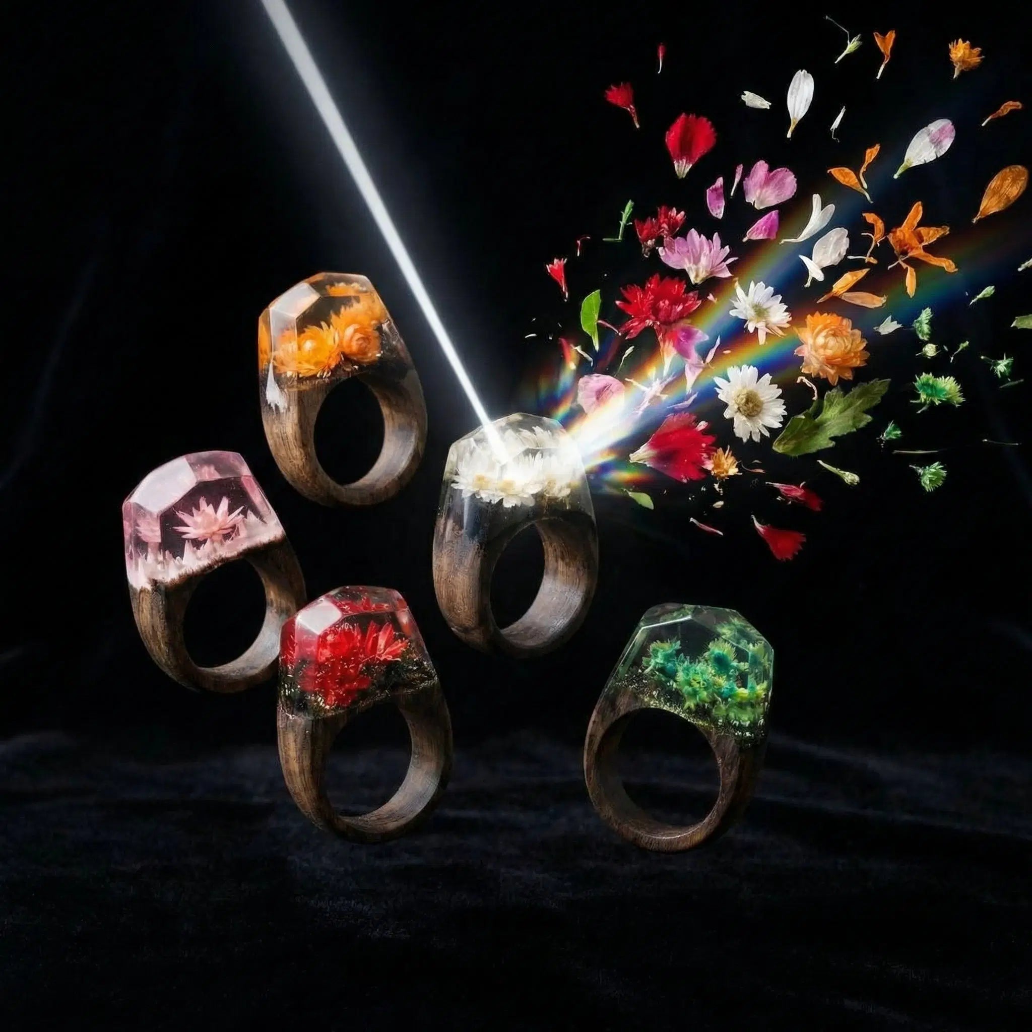 Anello in legno con resina & motivo floreale