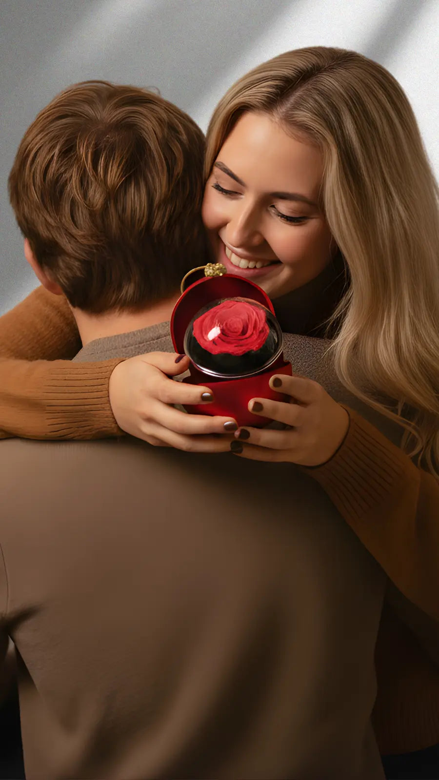 Glückliches Paar, Frau überrascht ihren Partner mit einer roten Amorlune Geschenkbox – perfekte Geschenkidee für besondere Anlässe, Liebe und romantische Momente