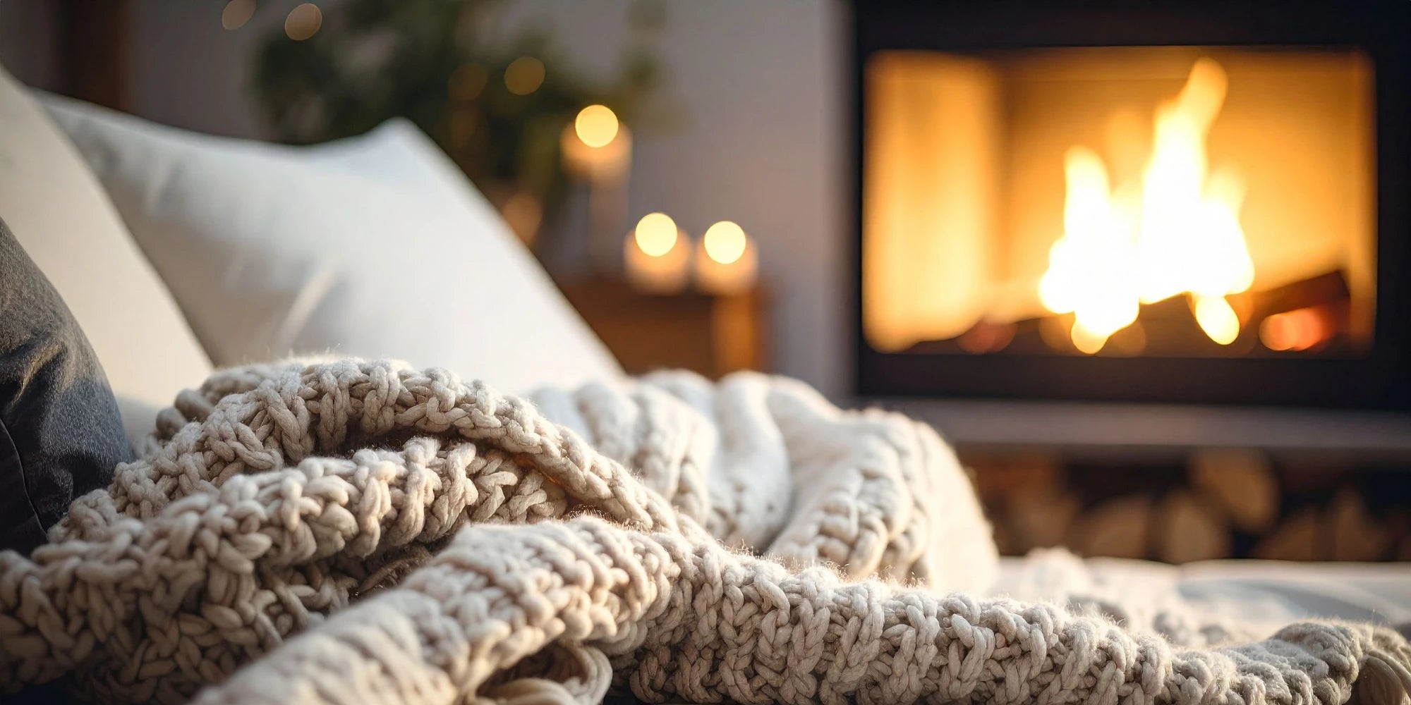 Weiche Amorlune Kuscheldecke auf Sofa vor Kaminfeuer – perfekte Geschenkidee für Gemütlichkeit, Wohlfühlmomente und entspannte Abende zuhause
