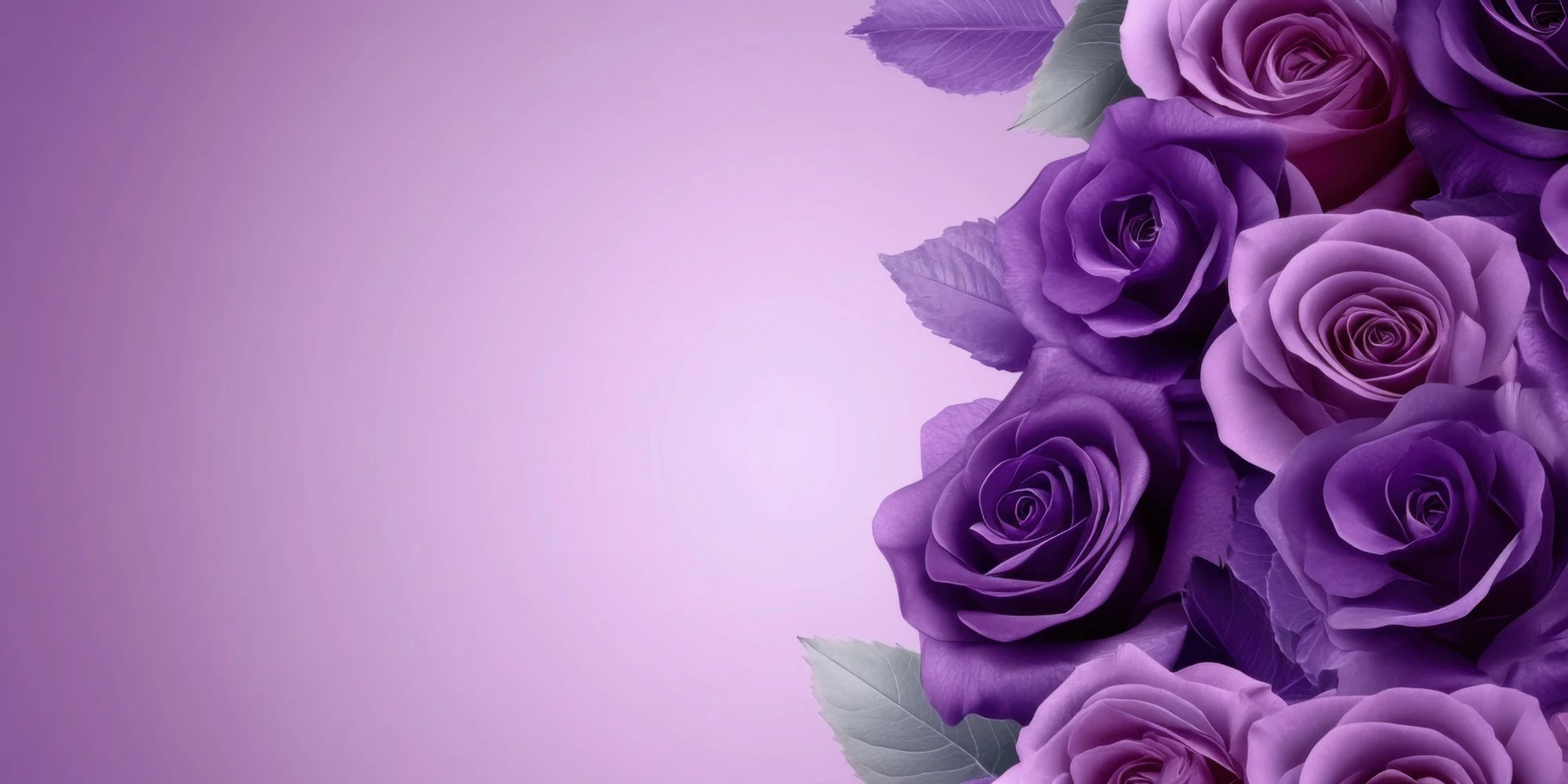 Edler Hintergrund mit lila Rosen und grünen Blättern auf violettem Farbverlauf – stilvolles Blumenmotiv für romantische Anlässe, Grußkarten oder Geschenkideen