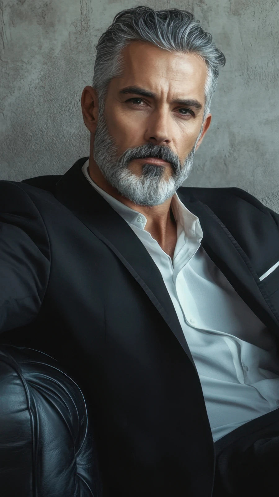 Stilvoller Mann mit grauem Bart im eleganten Anzug auf Ledersofa – Symbol für maskuline Eleganz, Selbstbewusstsein und exklusive Geschenkideen für Männer von Amorlune