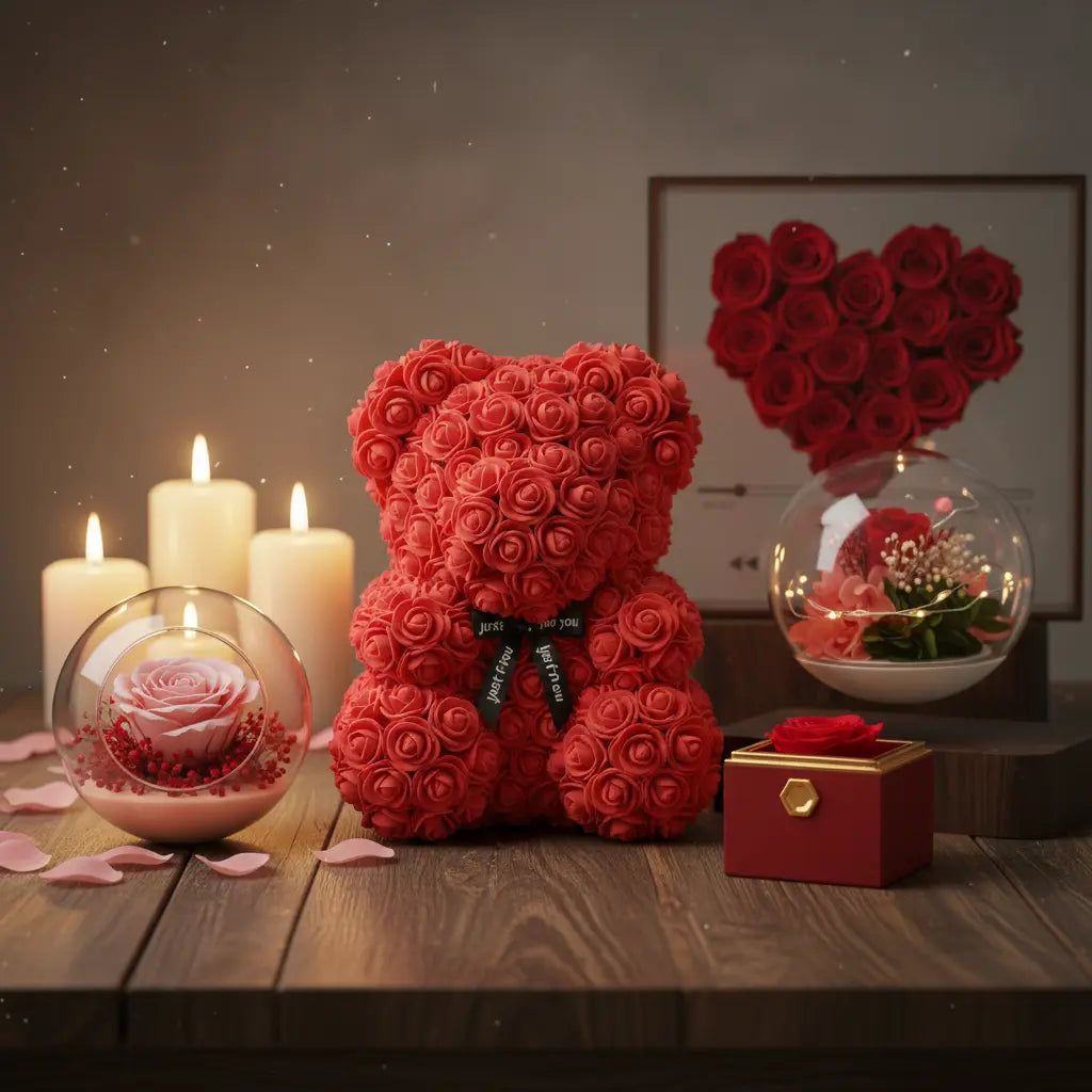 Romantisches Geschenkset von Amorlune mit Rosenbär, Rosenbox, ewigen Rosen in Glaskugel und Kerzen – perfekte Geschenkidee für besondere Anlässe wie Valentinstag oder Jahrestag