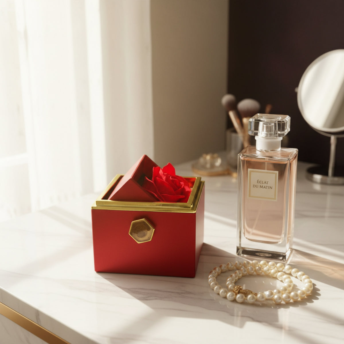 Amorlune Rosenbox, Perlenkette und Parfum als stilvolle Geschenkidee auf einem Schminktisch – luxuriöse Präsentation für besondere Anlässe wie Geburtstag oder Valentinstag