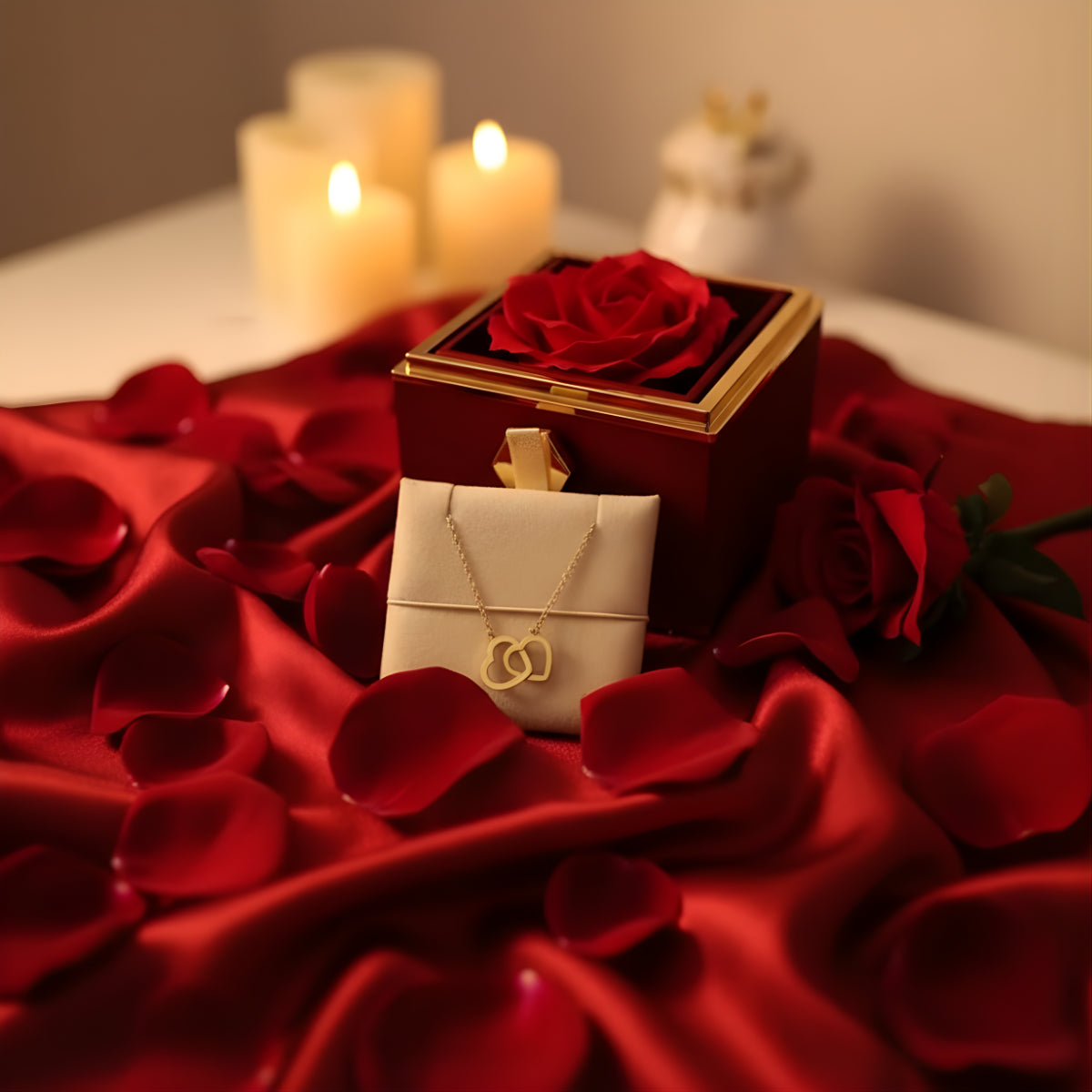Amorlune Rosenbox und goldene Halskette als Geschenkset auf rotem Satin mit Rosenblättern und Kerzen – romantische Geschenkidee für besondere Anlässe wie Jahrestag oder Valentinstag