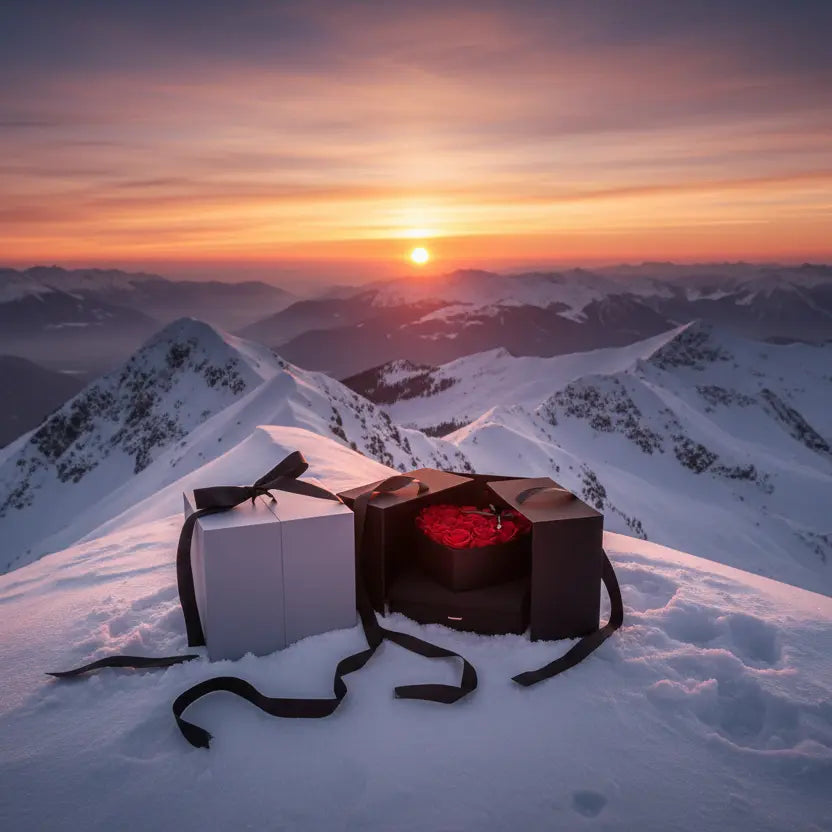 Schwarze Seifenrosen-Geschenkbox von Amorlune auf verschneitem Berggipfel im Sonnenuntergang – luxuriöse Geschenkidee für besondere Momente und Naturliebhaber