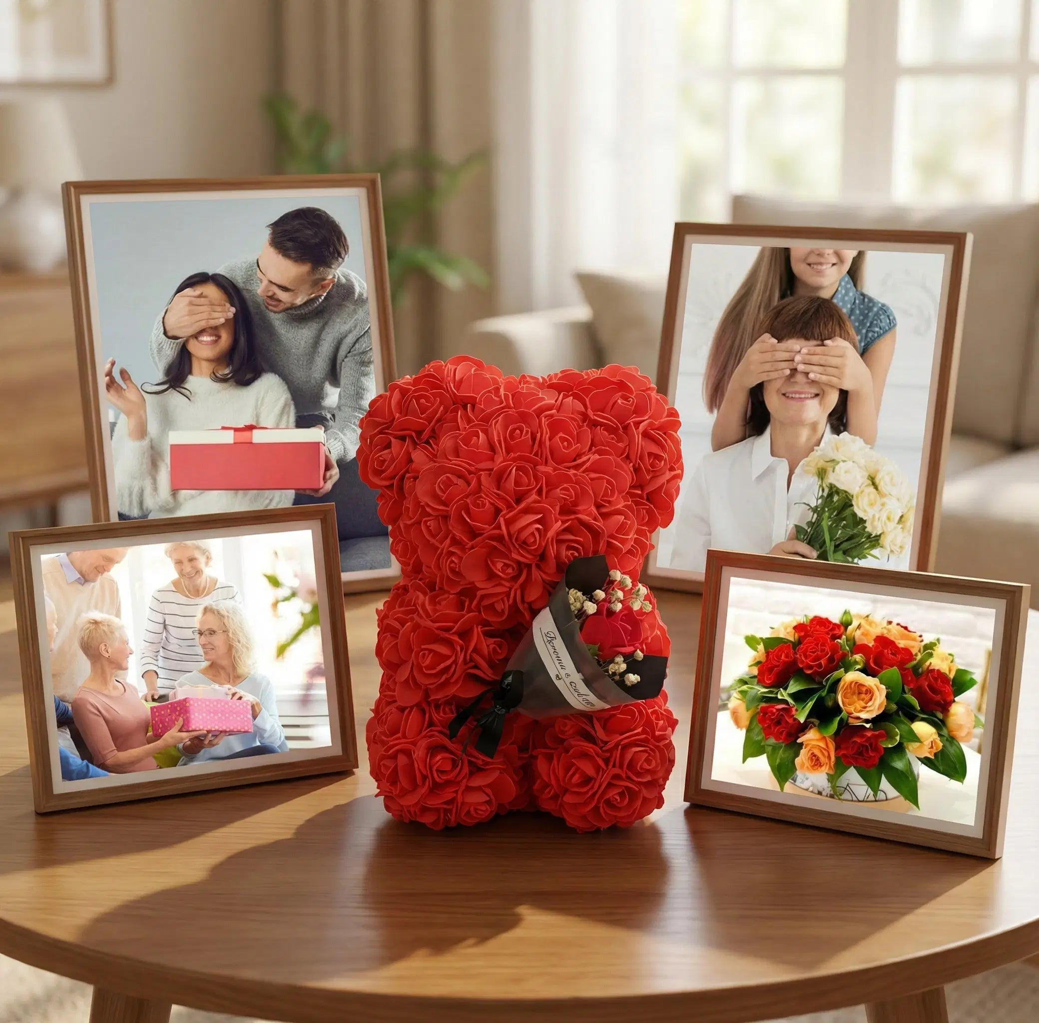 Preservierte Rose in Geschenkbox von Amorlune, ideal für Valentinstag, Geburtstag oder Jahrestag, mit Rosenbär Design.