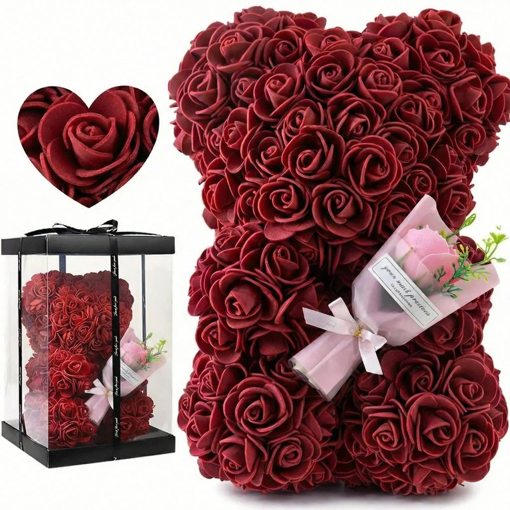 Vorgebundene Rosenblume im Rosenbär-Geschenkbox von Amorlune, perfekt für Valentinstag, Geburtstag oder Jubiläum.