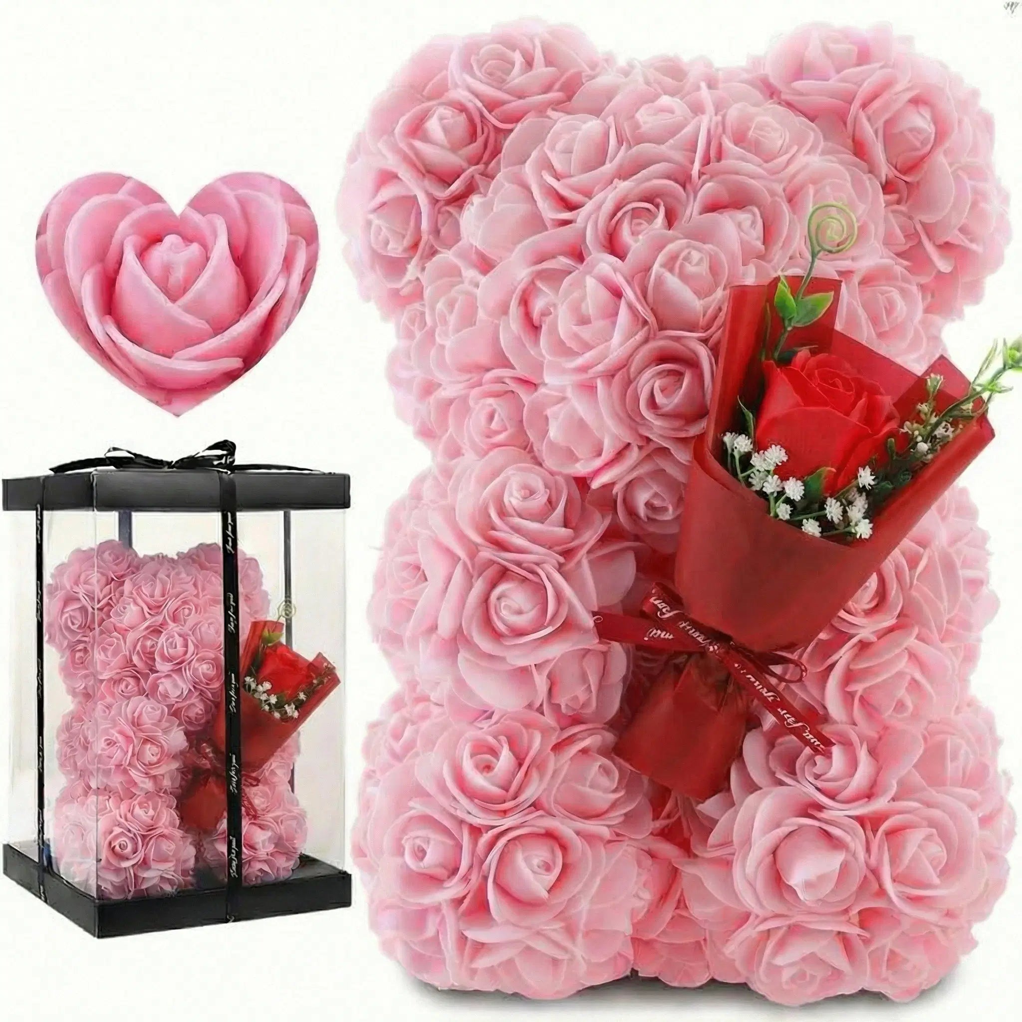 Verschlossener Rosenbär in Geschenkbox von Amorlune, perfekt als Valentinstag- oder Geburtstagsgeschenk, detailreiche Blüten.